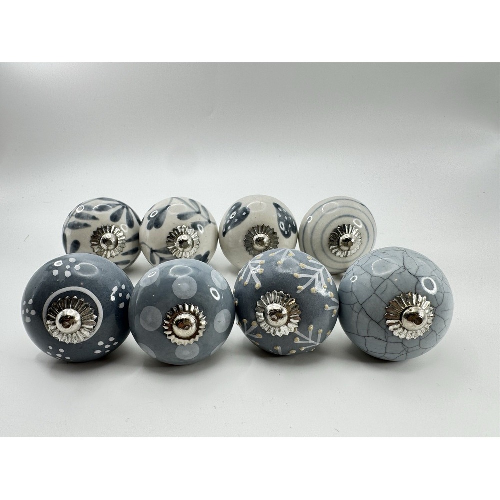 Blue Gray Ceramic Drawer Knobs Set 8 Floral Cabinet Pulls Farmhouse Cottage - Picture 2 of 5